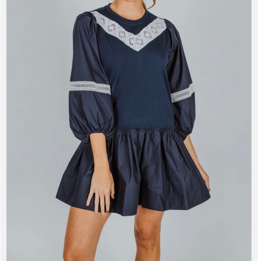 Tanya Taylor Navy Mini Dress with White Lace Trim